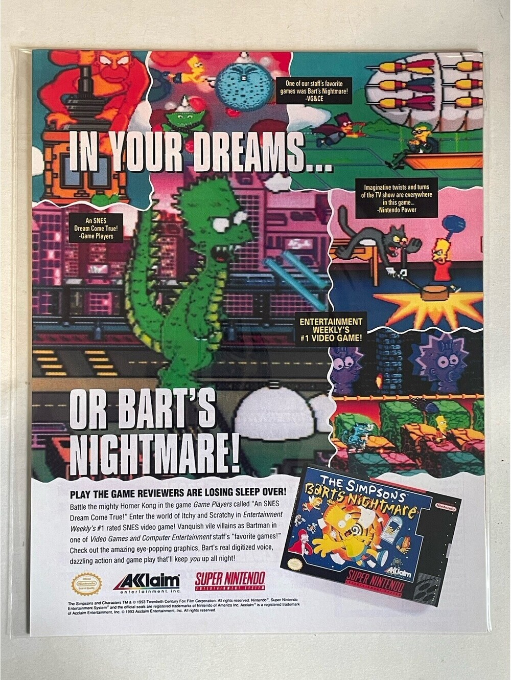 Barts Nightmare The Simpsons SNES Super Nintendo 8.5x11 Paper Reprint Ad Sign